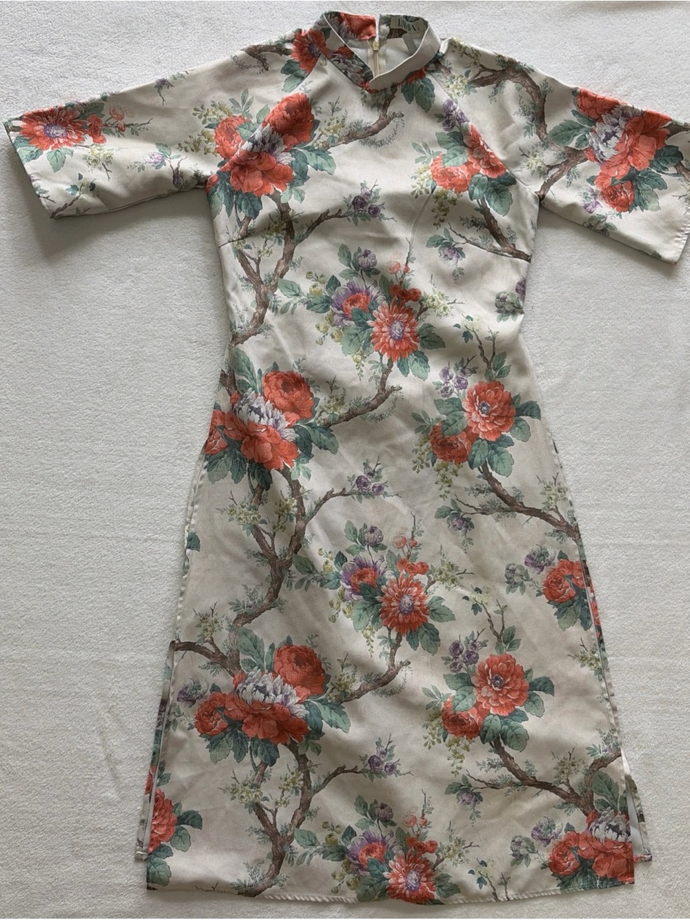 Floral Mandarin-Collar Midi Dress in Cream and Coral